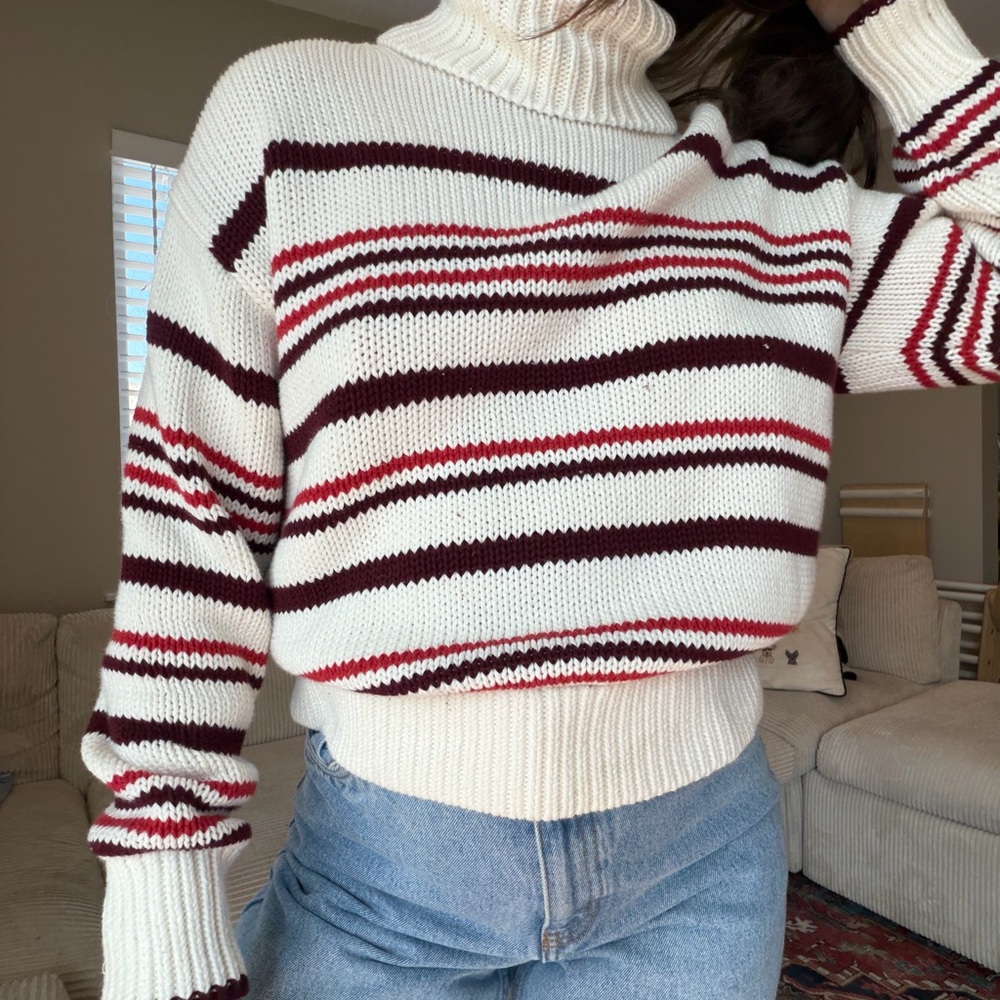 Madewell oversized cream and red chunky striped turtleneck sweater